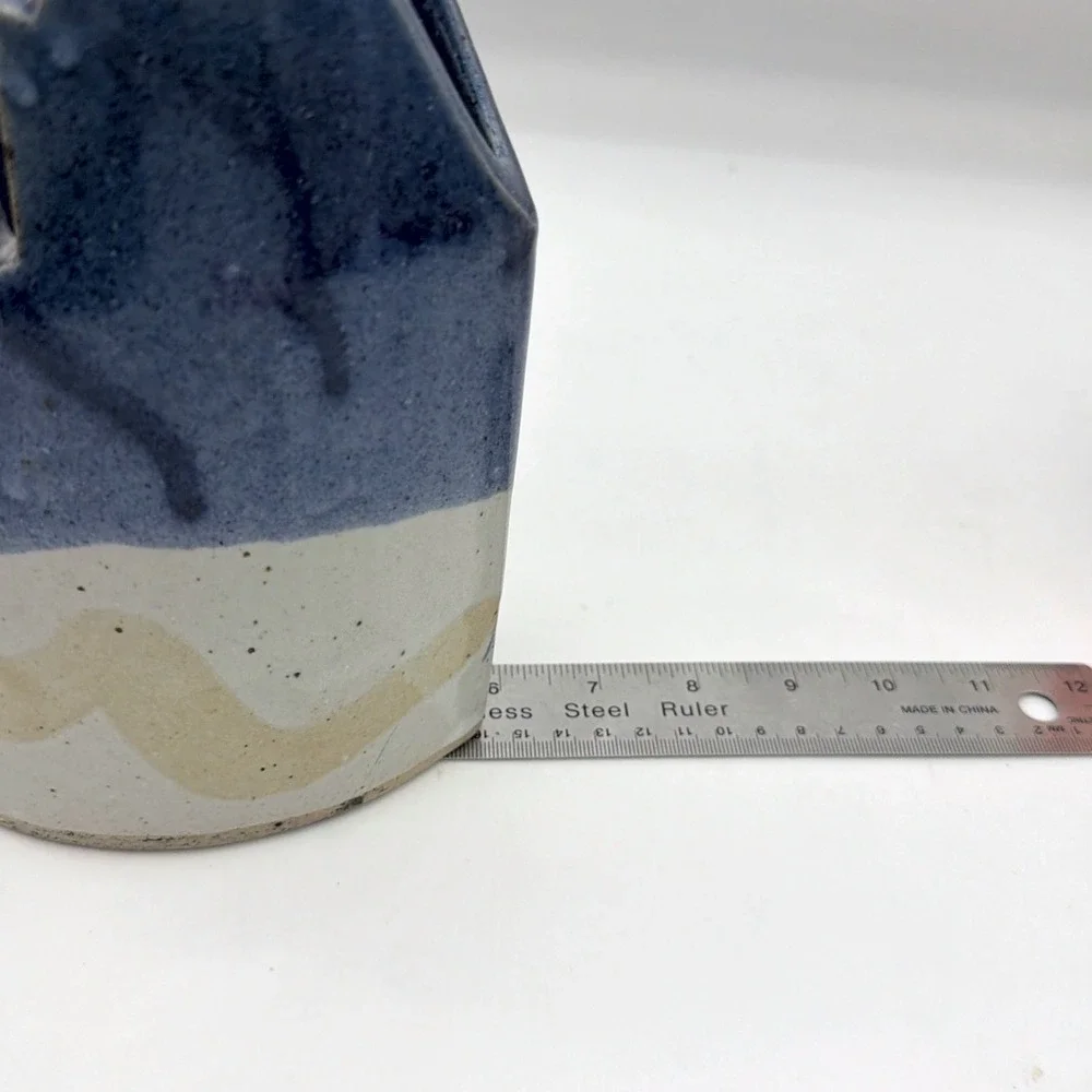 Blue And White Ceramic Pottery Vase Geometric Pierced Design Stamped Mark